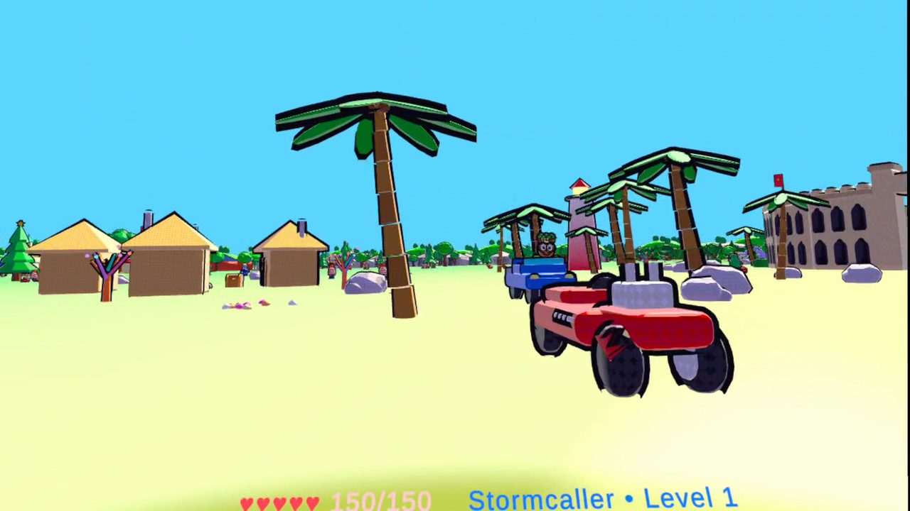 A buggy parked on a beach with palm trees and huts