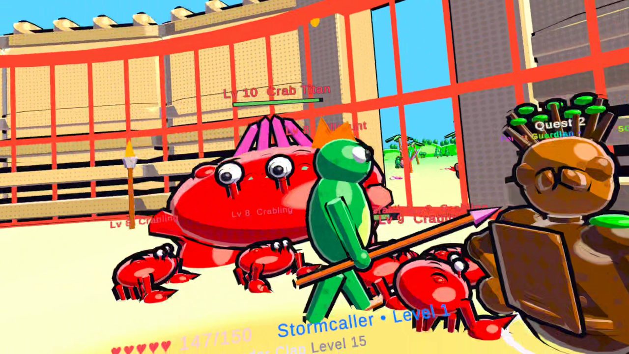 Players fighting the giant red Crab Titan and its crabling minions in an arena