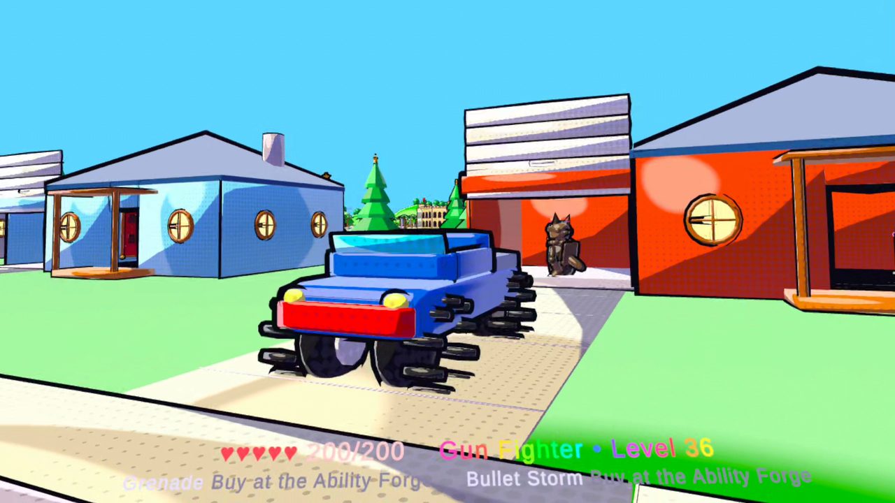Colourful houses on the Street with a blue pickup truck in a driveway