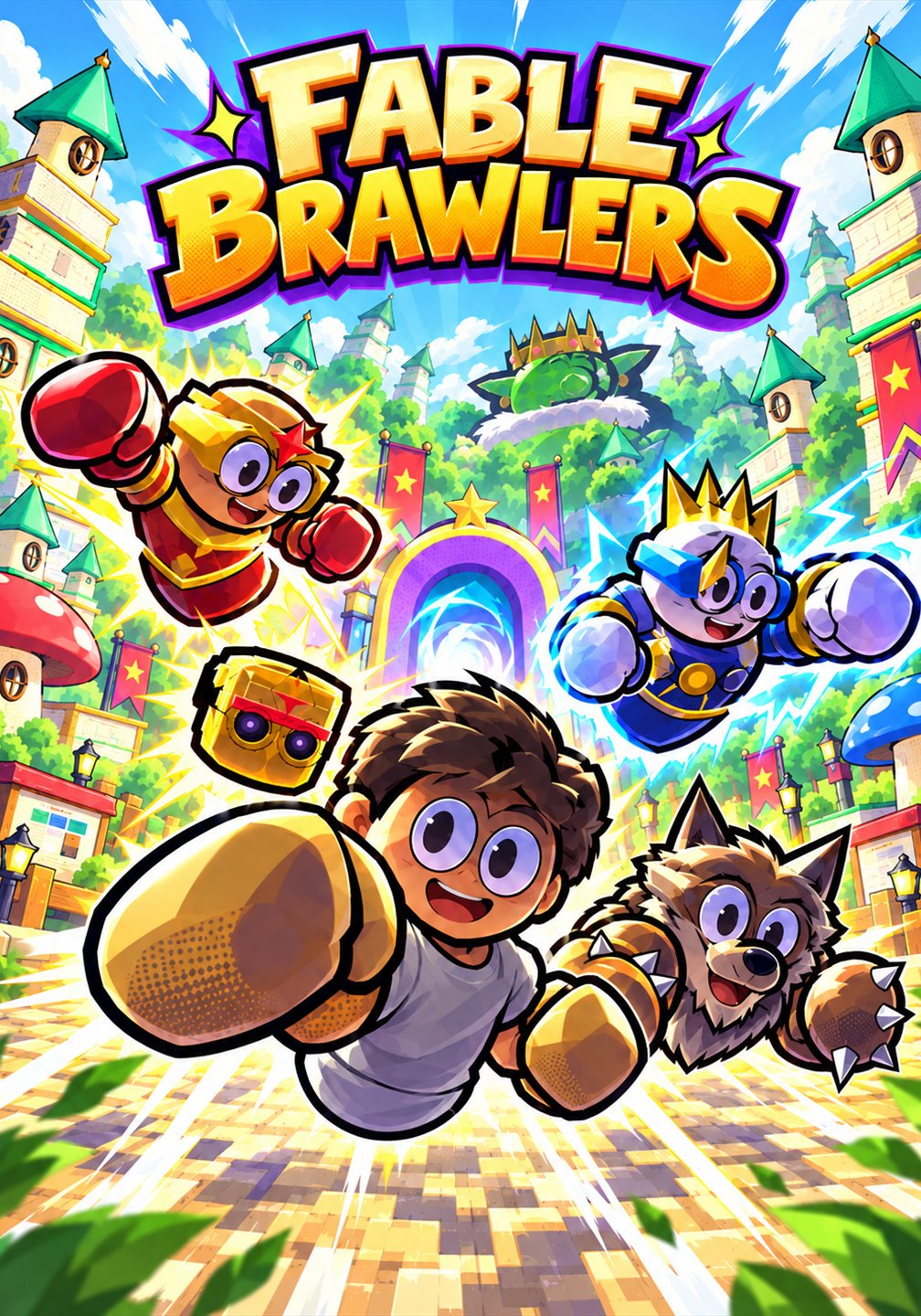 Fable Brawlers key art: a cartoon kid in giant golden gloves punching toward you, with a masked fighter, a crowned knight and a wolf leaping beside him in a storybook town