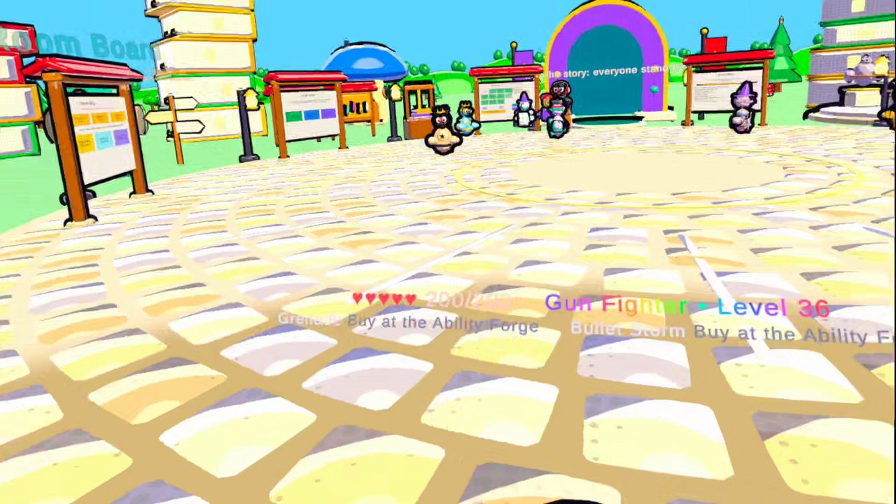 The Town Square, with boards, a purple gate and other players hanging out